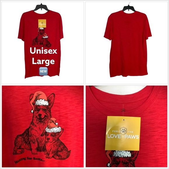 Women's Unisex L Top Tee T-Shirt Red Waiting For Santa Puppies Dogs Corgi NWT - Picture 1 of 6